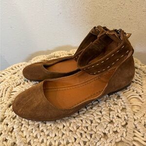 Frye Brown Suede Ankle Strap Flats